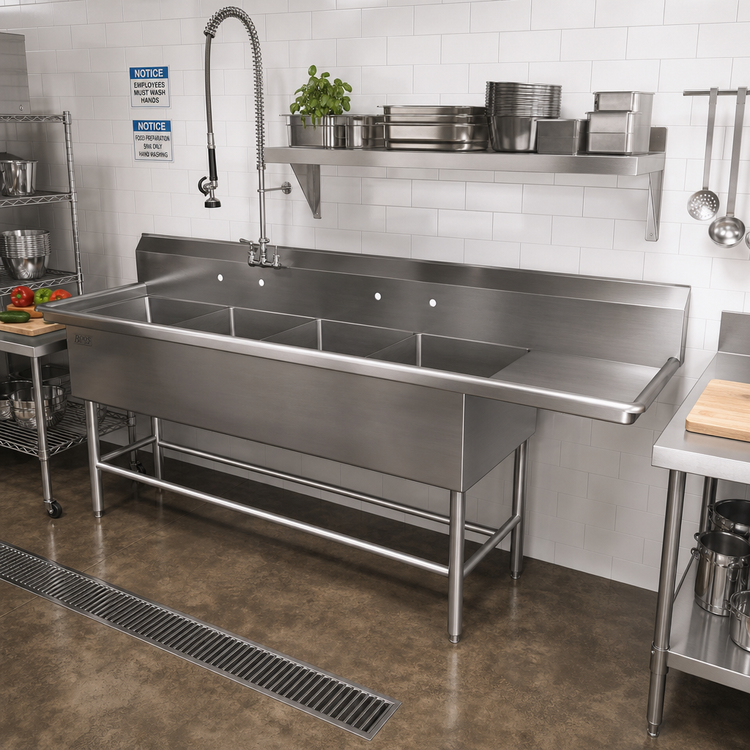 Product image #2 for John Boos Pro-Bowl 4-Compartment Commercial Sink with 18-Inch Right Drainboard, 16 x 20 x 14 Inch Bowls