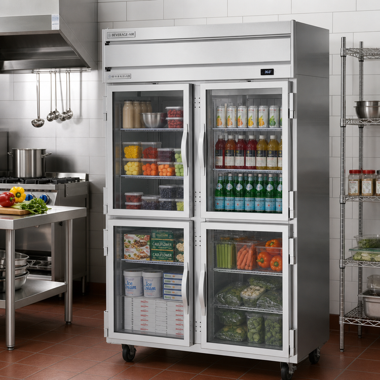 Product image #2 for Beverage-Air Cross Temp Top-Mounted Two-Section Reach-In Convertible Refrigerator/Freezer, 4 Hinged Half-Glass Doors