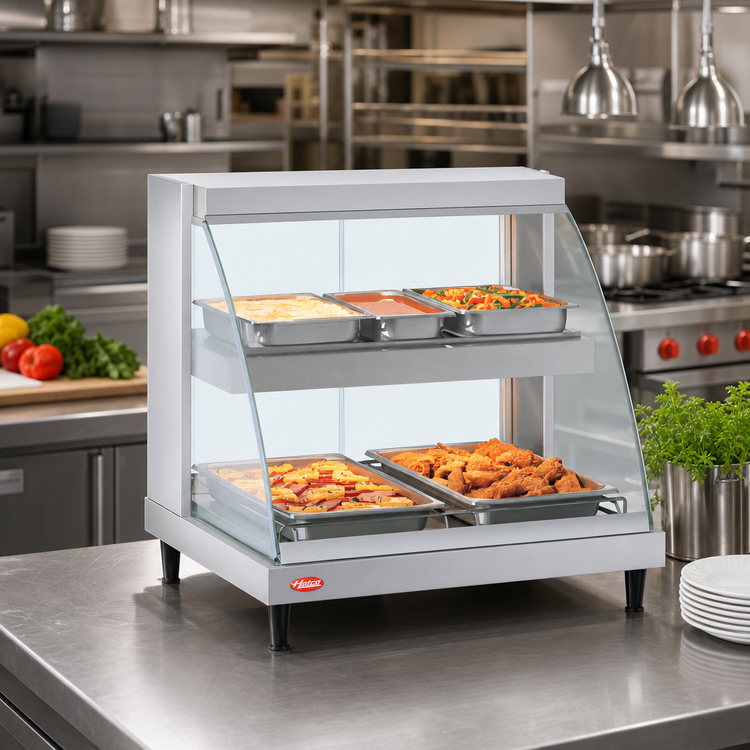 Product image #2 for Hatco Glo-Ray Designer 1-Pan Dual-Shelf Countertop Heated Display Case, Curved Glass