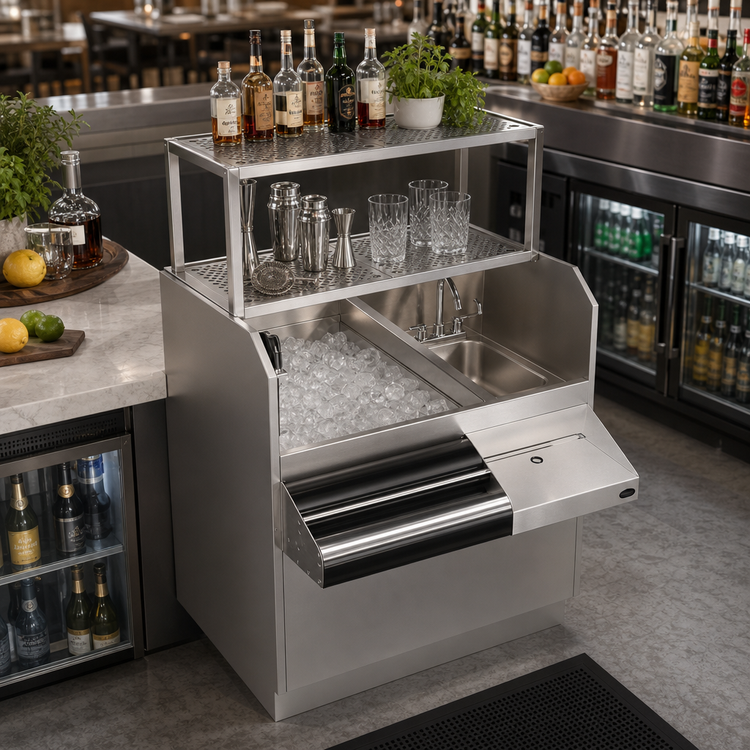 Product image #3 for Krowne Royal Series 42-Inch Pass-Thru Underbar Ice Bin/Cocktail Station with Left Ice Bin, 10-Circuit Cold Plate, Double Speed Rail, and Blender Shelf