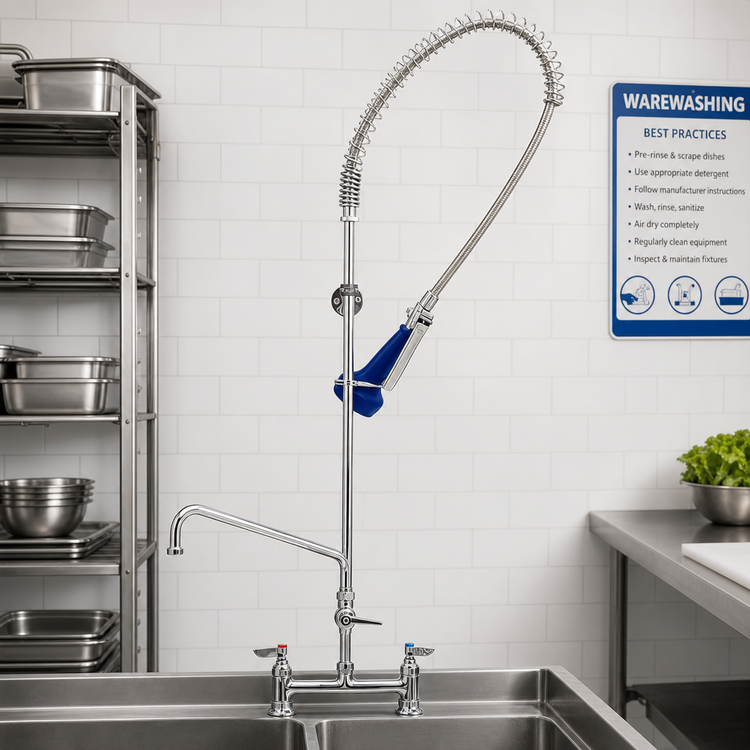 Product image #2 for EasyInstall Deck-Mount Pre-Rinse Unit with Spring Action Gooseneck, 8" Add-On Swing Faucet, and 0.65 GPM Spray Valve