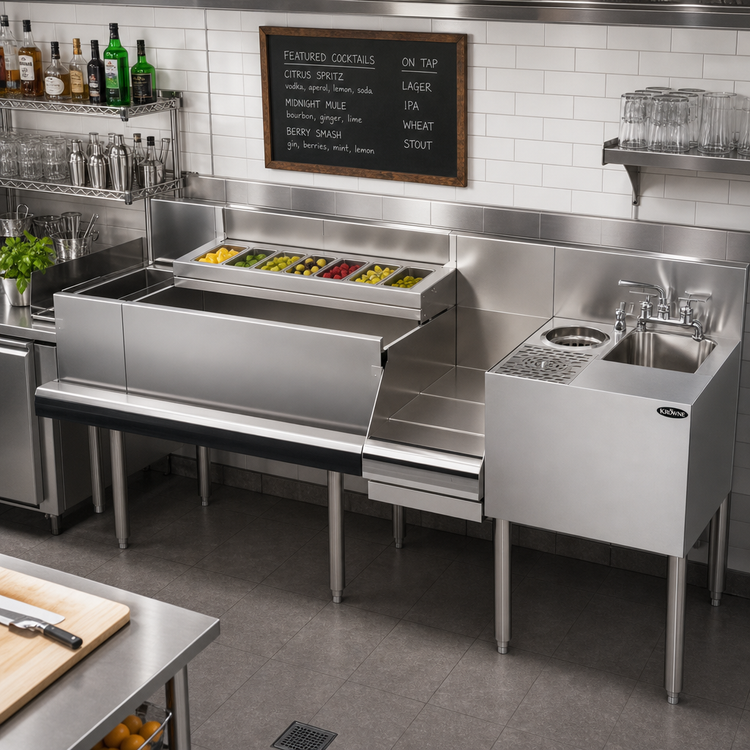 Product image #3 for Krowne Royal Series Single Zero-Step Speed Station with Sink, Glass Rinser, and Speedrail, 70 Inch x 24 Inch