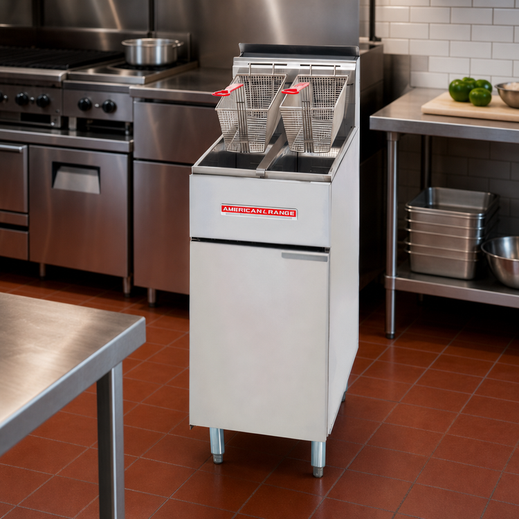 Product image #2 for American Range AF-25/25 Twin Vat Gas Floor Fryer, 25 lb. Per Vat, Stainless Steel