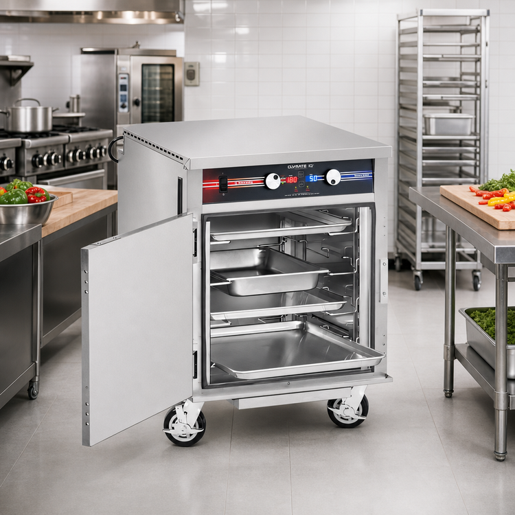 Product image #2 for FWE Clymate IQ Mobile Heated Humidified Holding Cabinet with Dutch Doors, 12-Slide, 18 x 26 Tray Capacity