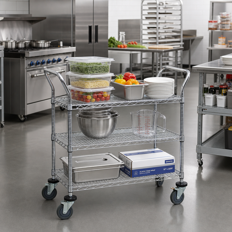 Product image #2 for Quantum 3-Shelf Gray Epoxy Wire Utility Bus Cart, 42 x 18 Inches, 1,200 lb. Capacity