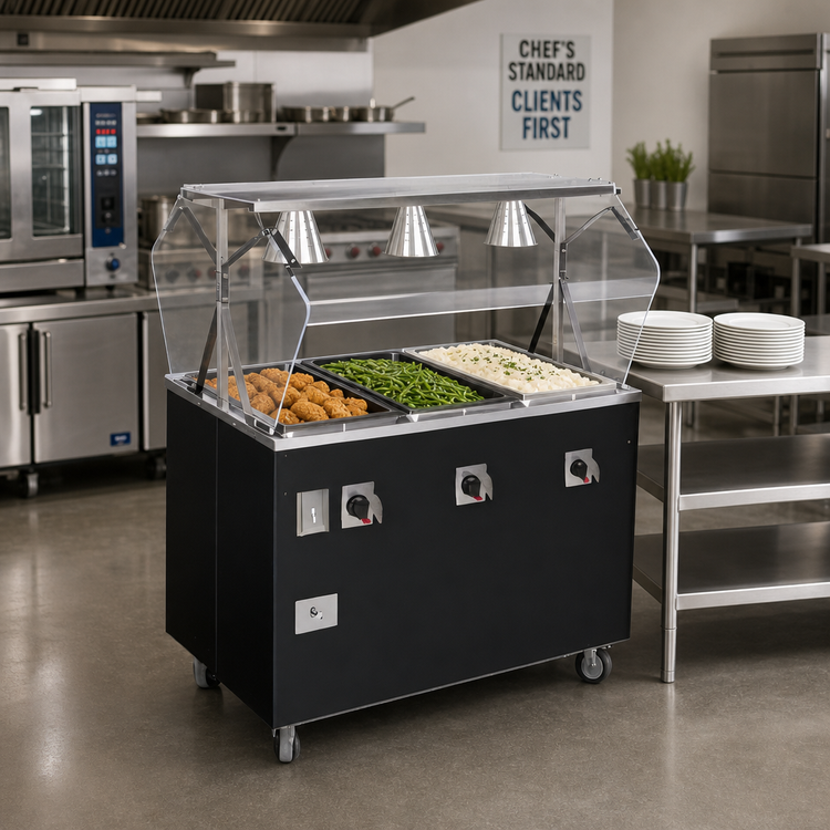Product image #2 for Vollrath 2-Series Affordable Portable Deluxe 3-Well Mobile Hot Food Station with Breath Guard and Enclosed Base