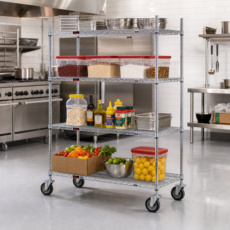 Product image #2 for EAGLEbrite 4-Tier Wire Shelving Dolly Truck, 48" W x 18" D, Zinc Finish, 5" Swivel Casters