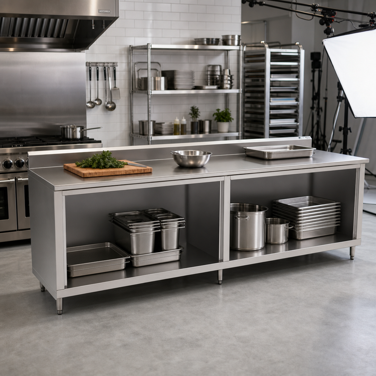 Product image #2 for John Boos Open Front Cabinet Base Work Table, 144W x 24D, 16-Gauge Stainless Steel Top with 5-Inch Backsplash