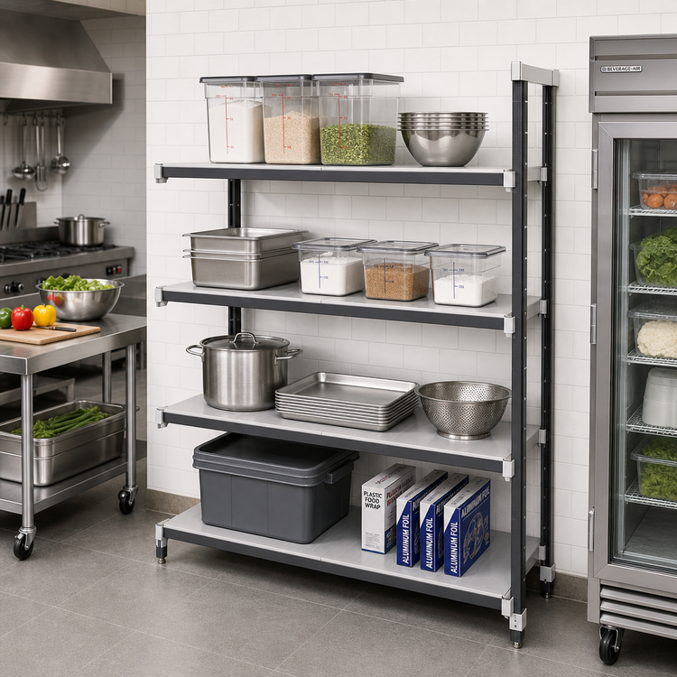 Product image #2 for Cambro Camshelving Elements XTRA Stationary 4-Tier Solid Add-On Shelving Unit, 21 x 60 x 64 Inches, Speckled Gray