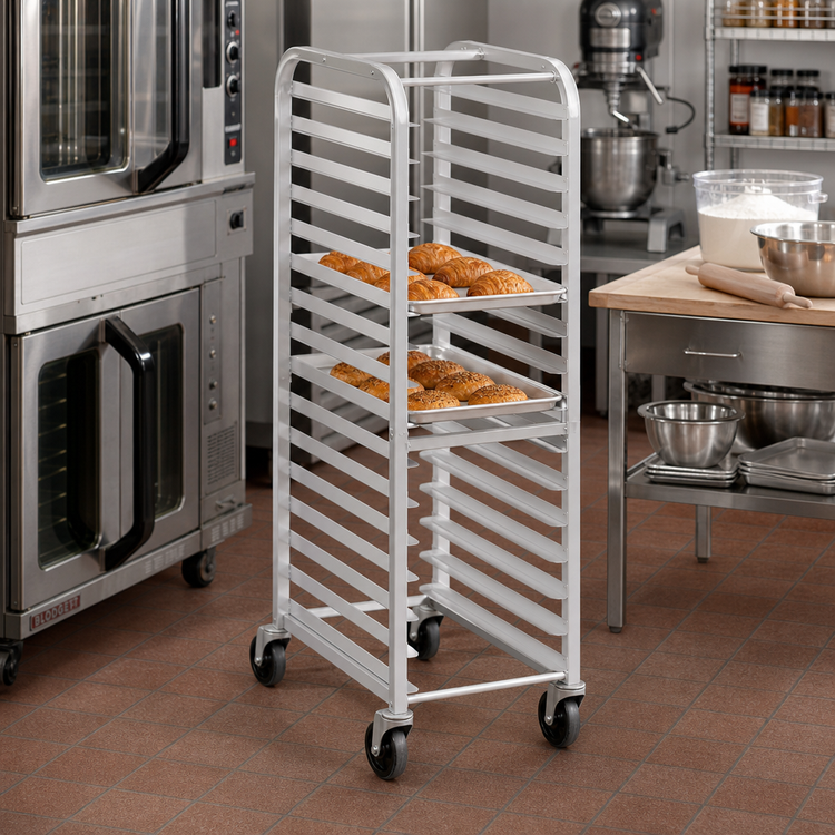 Product image #2 for Channel Manufacturing Extra Heavy-Duty Nesting End-Load Aluminum Bun Pan Rack with 5-Inch Casters, 9-Pan Capacity, 21 x 26 x 36 Inches