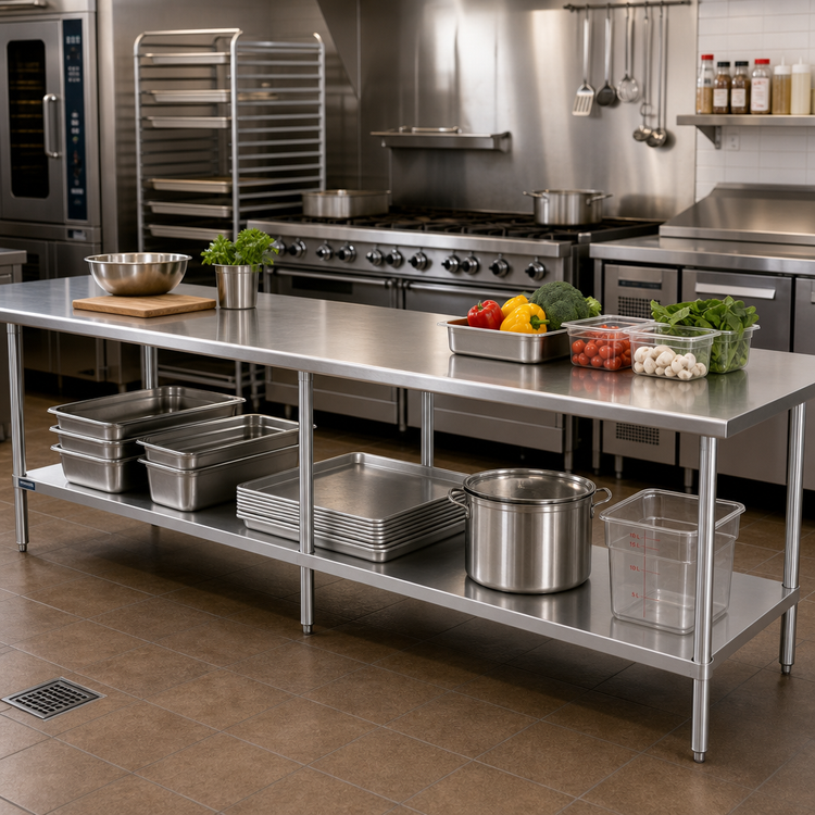 Product image #2 for 120-Inch x 14-Inch 18-Gauge 400-Series Stainless Steel Work Table with Adjustable Undershelf