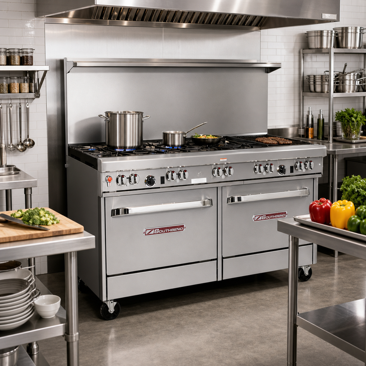 Product image #2 for Southbend Ultimate 60-Inch Gas Restaurant Range with 6 Non-Clog Burners, 24-Inch Charbroiler, and 2 Cabinets