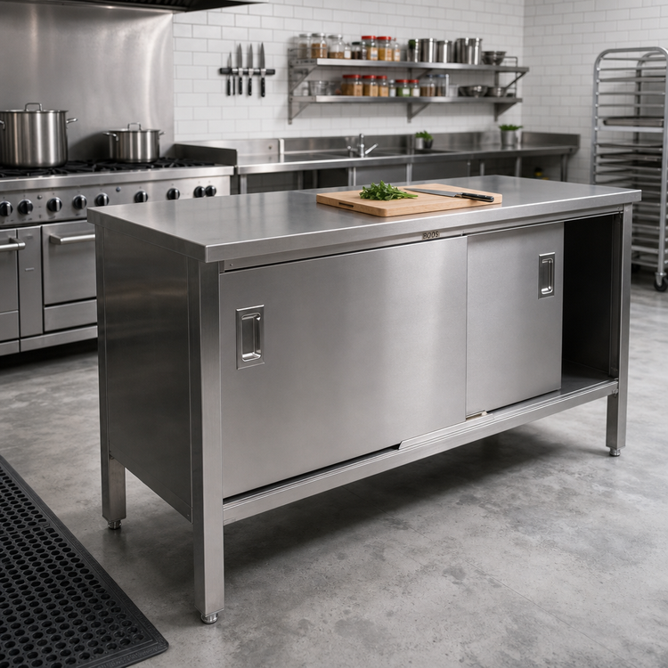 Product image #2 for John Boos Enclosed Work Table with Sliding Doors, 96 x 30 Inches, 14-Gauge 300 Series Stainless Steel Flat Top