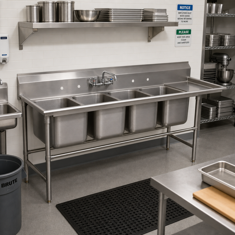 Product image #2 for Advance Tabco Regaline 4-Compartment Sink with Right-Hand Drainboard, 20" x 20" Bowls, 14 Gauge 304 Stainless Steel