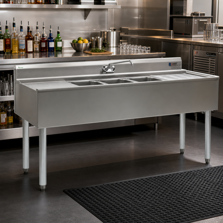 Product image #2 for Eagle Group 2200 Series Three-Compartment Underbar Sink Unit with Drainboards, 60 x 24 x 33-1/2 Inches