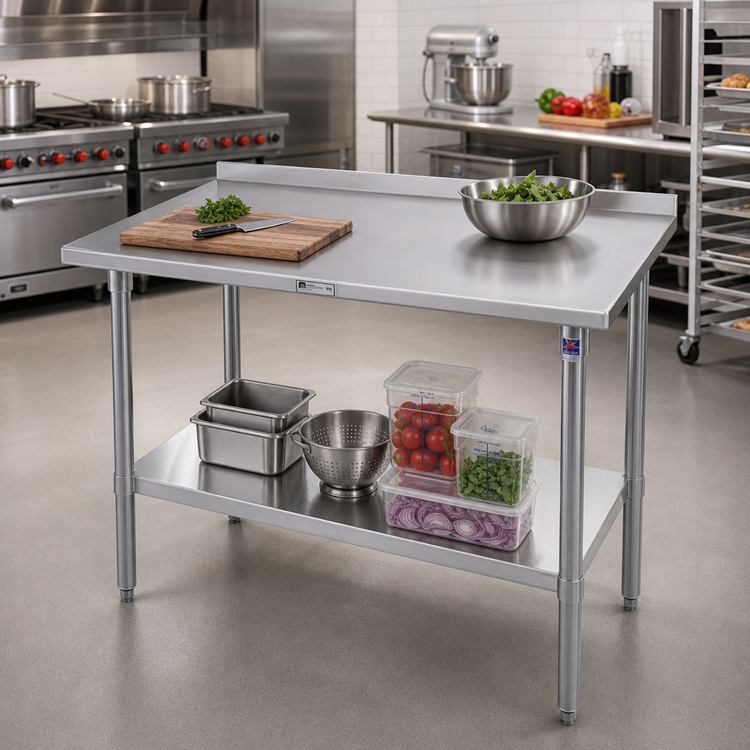 Product image #2 for Stallion 48" W x 36" D 16-Gauge Stainless Steel Top Work Table with 1-1/2" Rear Backsplash and Adjustable Undershelf
