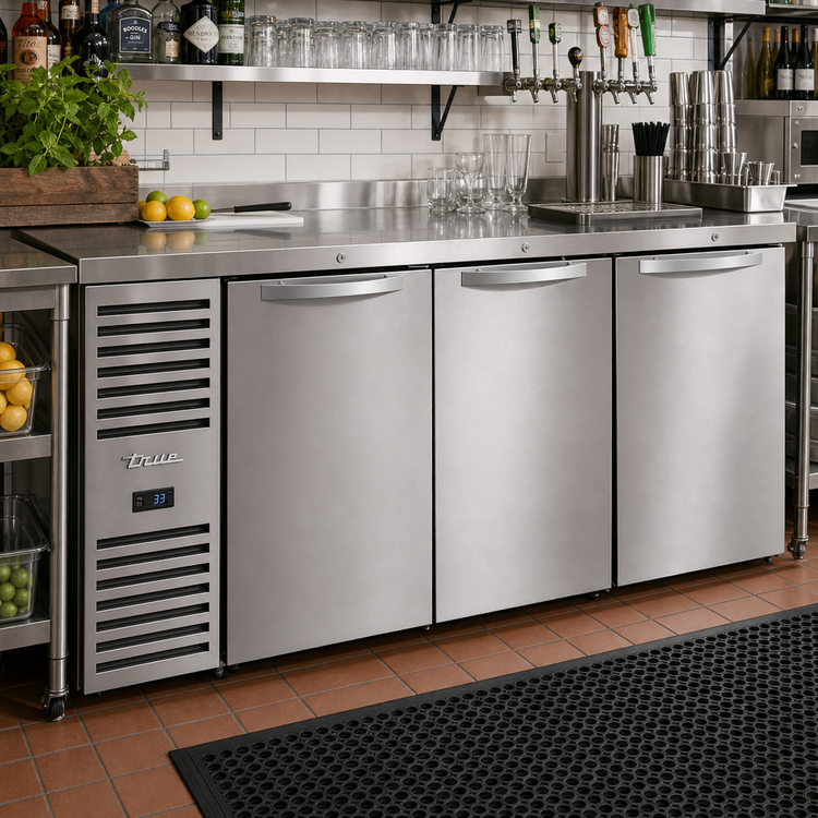 Product image #2 for True Three-Section Stainless Steel Back Bar Cooler with Solid Hinged Locking Doors, 72 Inch Wide