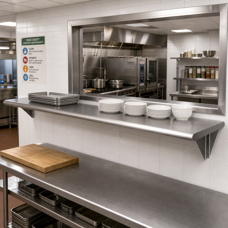 Product image #2 for BK Resources Stainless Steel Pass-Through Shelf, 96 Inch W x 24 Inch D, Wall Mounted