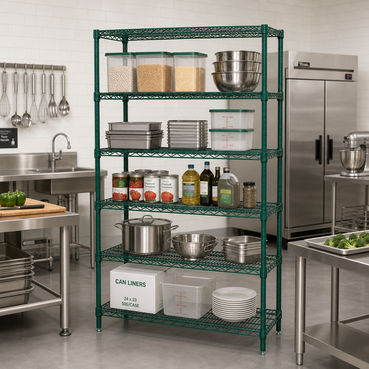 Product image #2 for Quantum 54" W x 18" D x 74" H Wire Shelving Starter Kit with 5 Shelves, Green Epoxy Antimicrobial Finish
