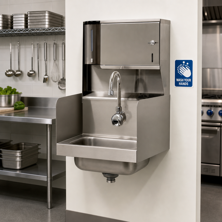 Product image #2 for Advance Tabco Wall-Mounted Hand Sink with Electronic Faucet, Soap & Towel Dispensers, Side Splashes, 14 x 10 x 5 Bowl