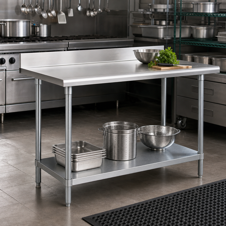 Product image #2 for Advance Tabco 48" x 36" 304 Stainless Steel Work Table with 5" Backsplash and Adjustable Galvanized Undershelf