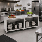 Thumbnail image #2 for John Boos 4CO6R1.5-30132 132 x 30 Inch Stainless Steel Open-Front Cabinet Base Work Table, 16-Gauge 300 Series Top, 1-1/2-Inch Rear Riser