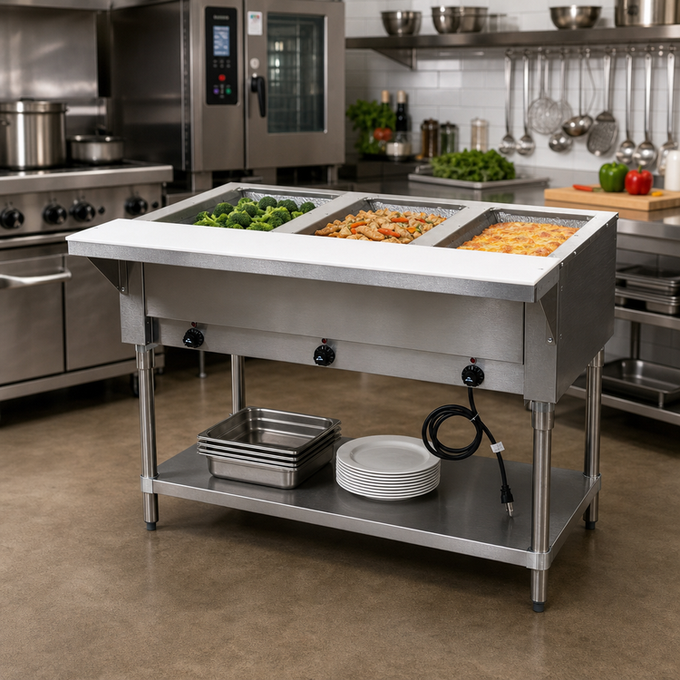 Product image #2 for Advance Tabco Triumph Supreme Electric Hot Food Table, 3-Well, 120V, Open Shelf Base