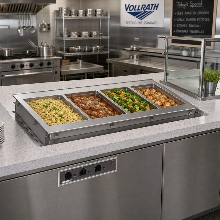 Product image #2 for Vollrath 4-Pan Short-Side Drop-In Hot Well with Infinite Controls, Manifold Drain and Autofill, 208-240V