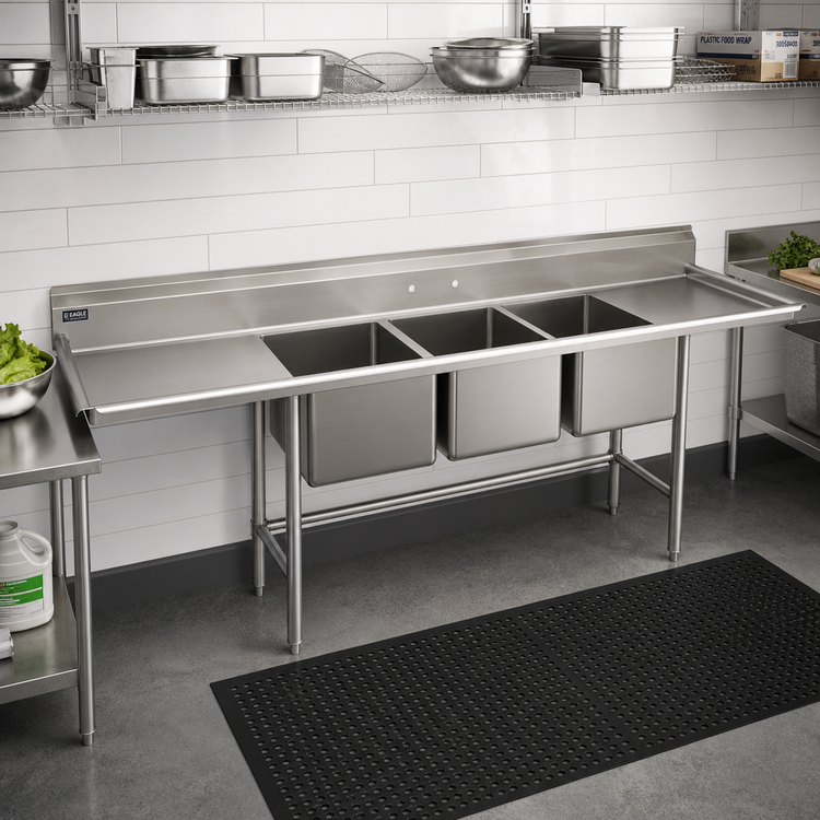 Product image #2 for Eagle Group S16 Series 3-Compartment Commercial Stainless Steel Sink with Left and Right Drainboards, 103-Inch Wide
