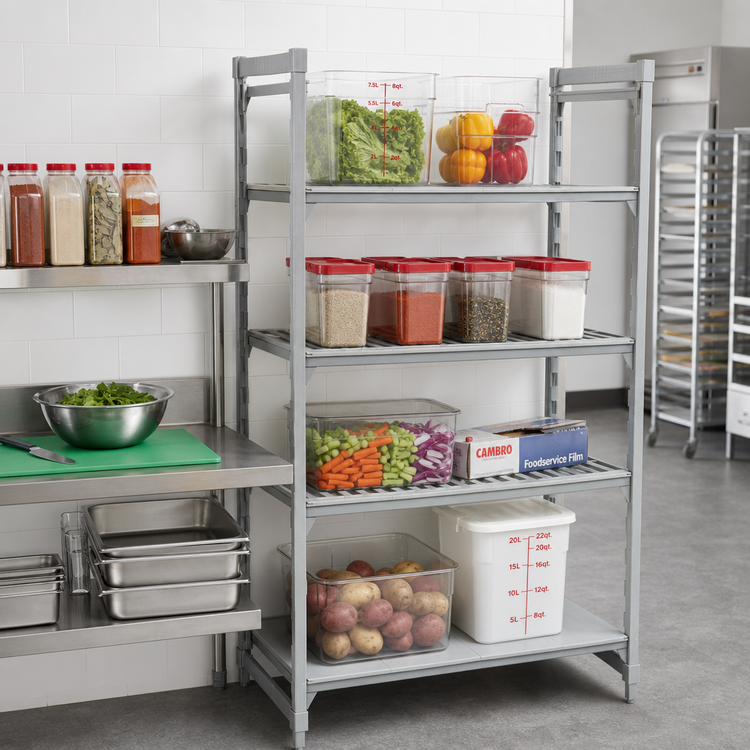 Product image #3 for Cambro Camshelving Premium 24" x 21" x 72" Stationary Starter Polymer Shelving Unit, 4-Tier, 3 Vented + 1 Solid