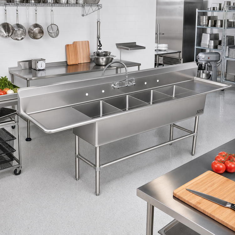 Product image #2 for John Boos Pro-Bowl 4-Compartment Stainless Steel Sink with Dual 18" Drainboards, 20" x 20" x 14" Bowls