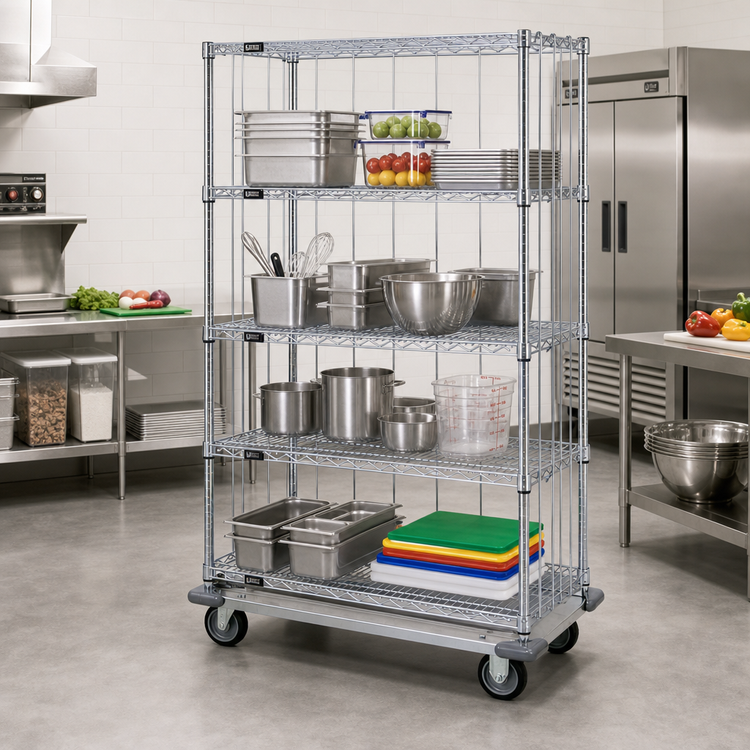 Product image #2 for Quantum Mobile Enclosure Cart with 5 Wire Shelves, 48-Inch W x 18-Inch D x 81-Inch H, Chrome Plated Finish
