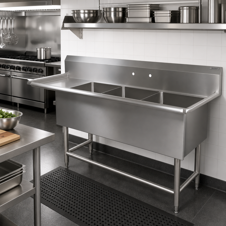 Product image #2 for John Boos Pro-Bowl 3-Compartment Sink with 24-Inch Left Drainboard, 12-Inch Deep Bowls, 16-Gauge Stainless Steel