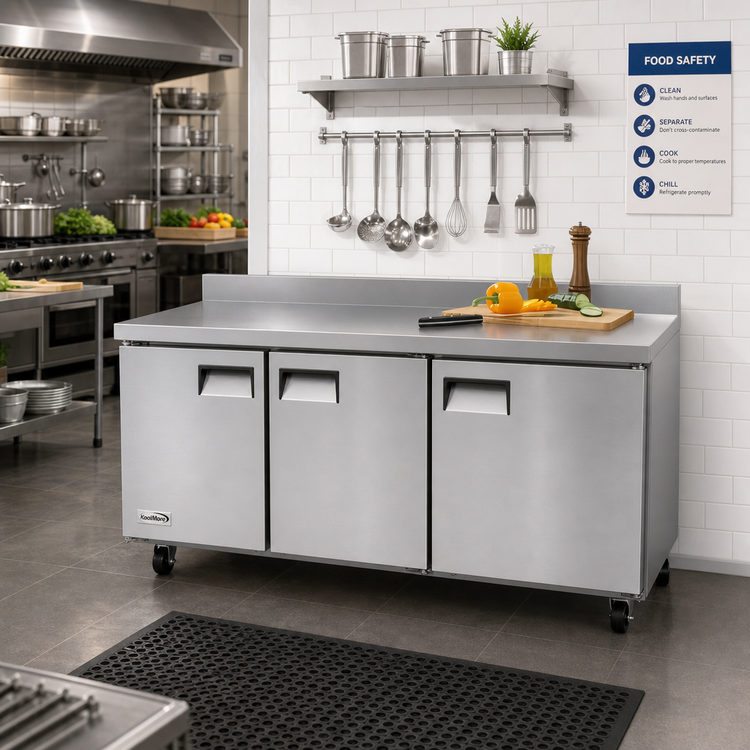 Product image #2 for KoolMore 71-1/2 Inch 3-Door Worktop Refrigerator with 3-1/2 Inch Backsplash, 16.9 Cu. Ft., Stainless Steel