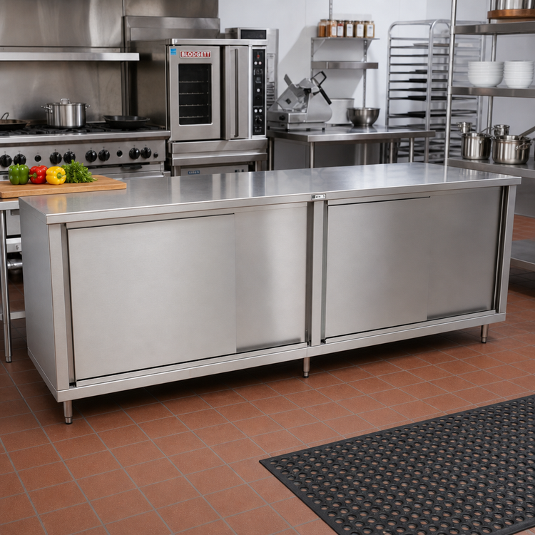 Product image #2 for John Boos 144-Inch x 24-Inch 14-Gauge Stainless Steel Cabinet Base Work Table with Sliding Doors