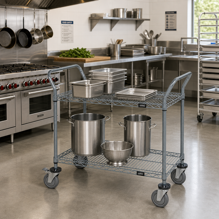 Product image #2 for Quantum Gray Epoxy 2-Shelf Utility Bus Cart with U-Handles and 1200 lb Capacity
