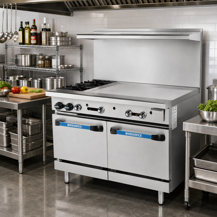 Product image #2 for Turbo Air Radiance 48-Inch Gas Restaurant Range with 2 Open Burners, 36-Inch Right-Side Griddle, and 2 Standard Ovens