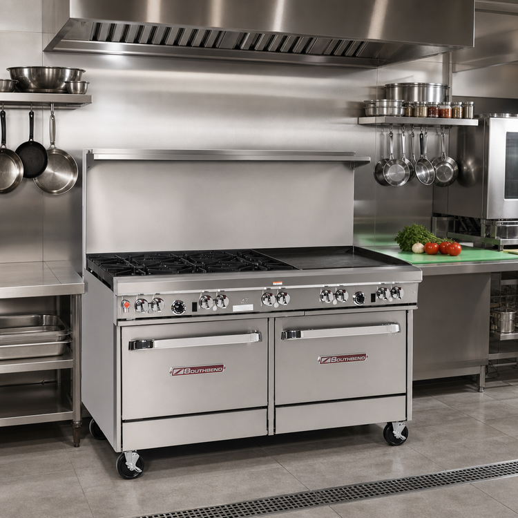 Product image #2 for 60-Inch Commercial Gas Restaurant Range with 5 Open Burners, 24-Inch Griddle, Standard Oven, and Convection Oven