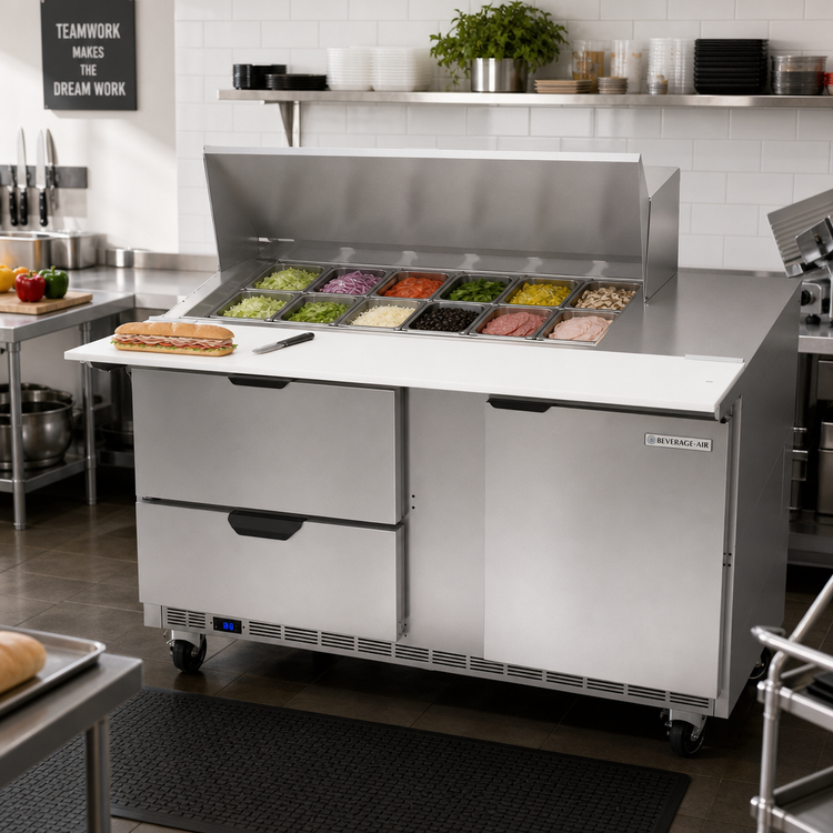 Product image #3 for Beverage Air 60-Inch Two-Section Mega Top Sandwich Prep Table with 18-Pan Top, Drawers, and Door