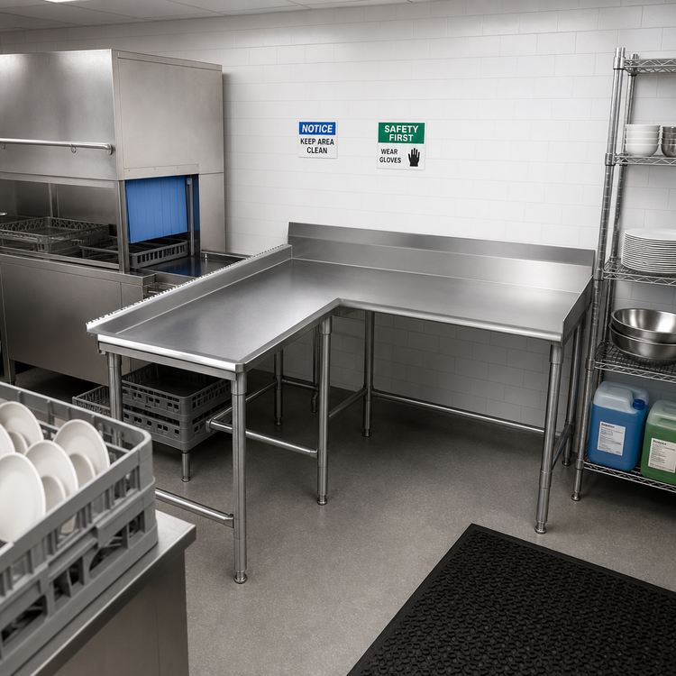 Product image #2 for Eagle Group Island Clean Dishtable, Left-Hand, 48-Inch Machine-to-Corner x 60-Inch Corner-to-End, 30-Inch Deep, 16-Gauge 430 Stainless Steel