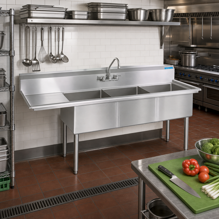 Product image #2 for BK Resources Three-Compartment Stainless Steel Sink with Left Drainboard, 74-1/2 Inch Wide, 18 x 18 x 12 Inch Bowls