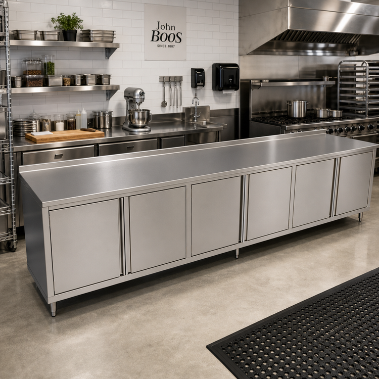 Product image #2 for John Boos 144-inch x 24-inch Enclosed Work Table with Cabinet Base, 14-Gauge 300-Series Stainless Steel Top, 1-1/2-Inch Rear Riser