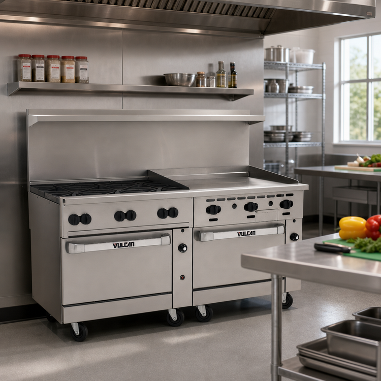 Product image #2 for Vulcan Endurance 72-Inch Gas Restaurant Range with 6 Burners, 36-Inch Griddle, Standard Oven, and Convection Oven