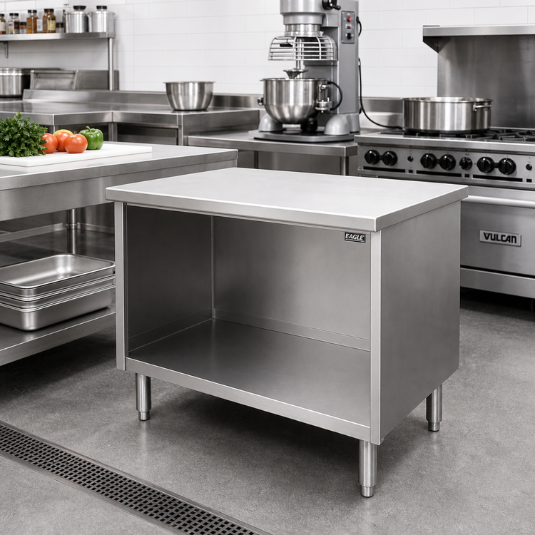 Product image #2 for Eagle Group Spec-Master Open Front Cabinet Base Work Table, 48 x 30 Inches, 14-Gauge 304 Stainless Steel Top