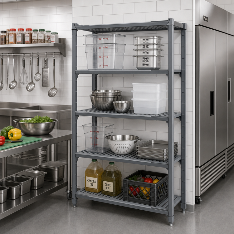 Product image #2 for Cambro Camshelving Basics Plus 4-Shelf Stationary Starter Unit, 24" Deep x 54" Long x 64" High, Vented Polymer Shelving, Brushed Graphite