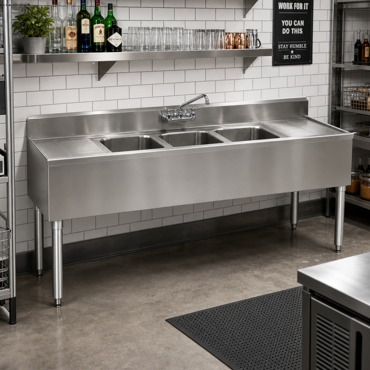 Product image #2 for Eagle Group 1800 Series Three-Compartment Underbar Sink Unit with Left and Right Drainboards, 96 Inch, 304 Stainless Steel