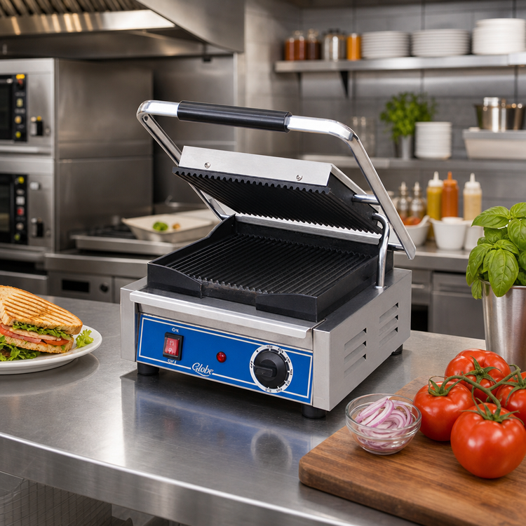 Product image #2 for Globe Single Countertop Electric Bistro Panini Grill with 10 x 10 Inch Cast Iron Grooved Plates