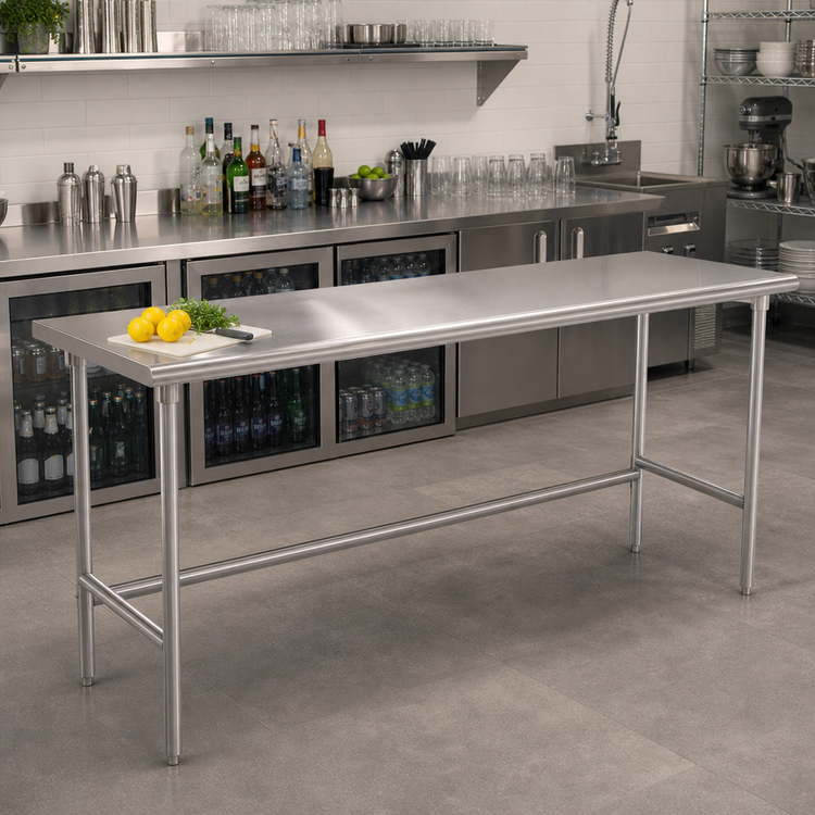 Product image #2 for Advance Tabco 108-Inch Wide x 30-Inch Deep Underbar Work Table with 16-Gauge 304 Stainless Steel Top and Open Base
