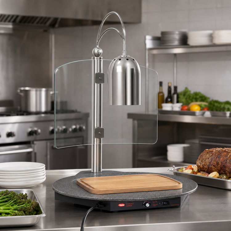 Product image #2 for Hatco Decorative Freestanding Carving Station with Round Heated Simulated Stone Base, Single Heat Lamp, Sneeze Guard, and Cutting Board