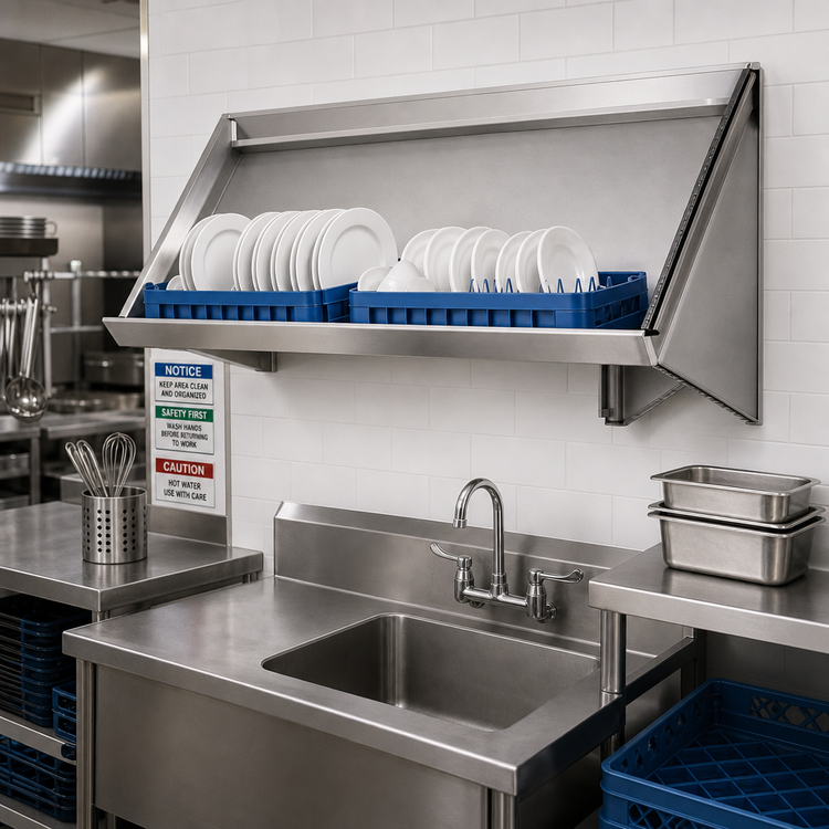 Product image #2 for Eagle Group 84-Inch Wall-Mounted Solid Slanted Dishtable Rack Shelf with Right-Side Drip Tube